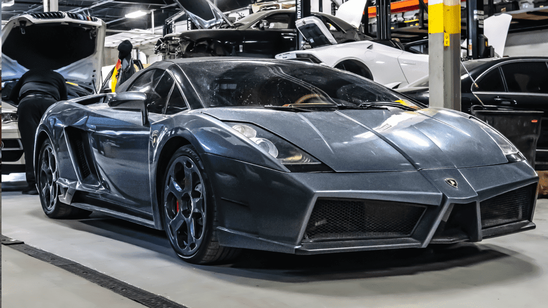 Lamborghini Gallardo inside the repair shop at Toronto Lamborghini Repair, showcasing luxury car maintenance